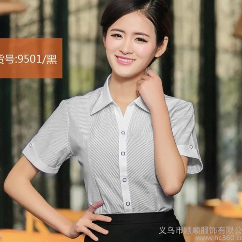 9501 夏装女式衬衫短袖女修身OL白蓝 衬衫斜条工装图1
