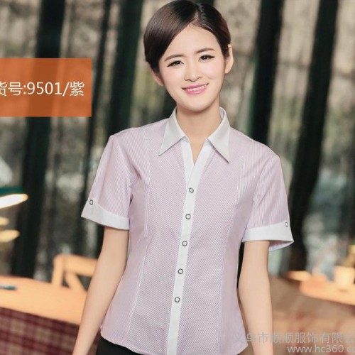 9501 夏装女式衬衫短袖女修身OL白蓝 衬衫斜条工装图2