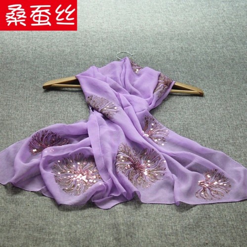 0421-2真丝长巾丝巾 女士桑蚕丝绸春秋防嗮围巾 珠片乔其纱浅紫图2