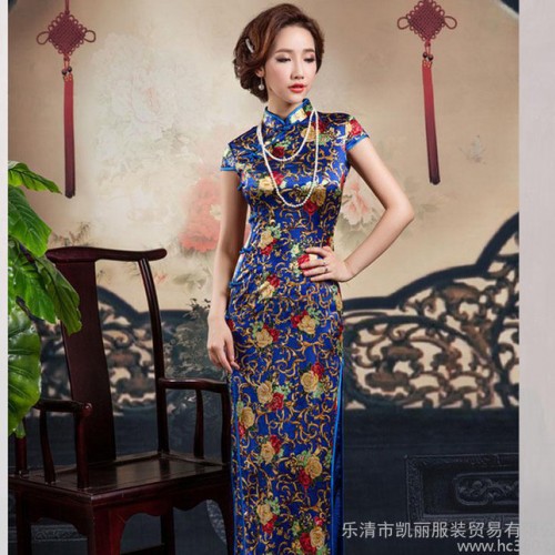 2015新款重磅真丝旗袍 桑蚕丝改良复古长款牡丹花 女装连图3