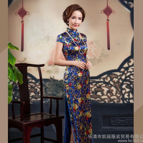2015新款重磅真丝旗袍 桑蚕丝改良复古长款牡丹花 女装连图2