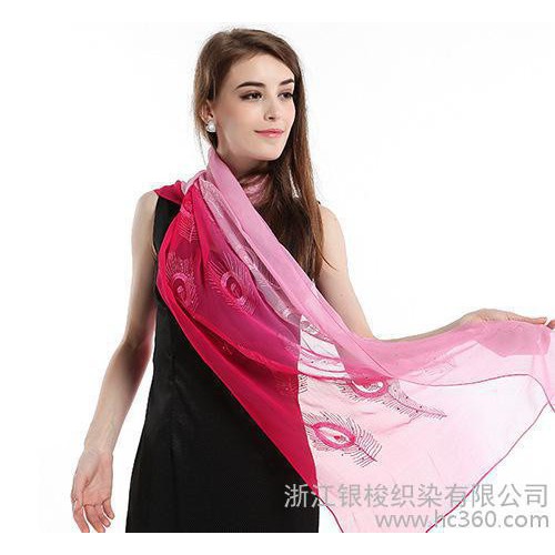2015春夏款防晒礼品100%真丝乔其丝巾绣花桑蚕丝长巾图1