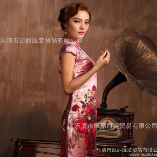 2014新款玫瑰花 桑蚕丝复古重磅真丝旗袍短款夏装短袖图1