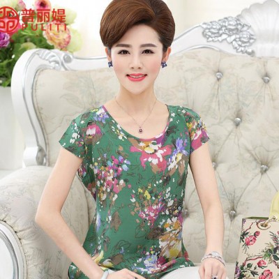 夏装新款妈妈装修身显瘦桑蚕丝T恤短袖印花中老年真丝双绉上衣女