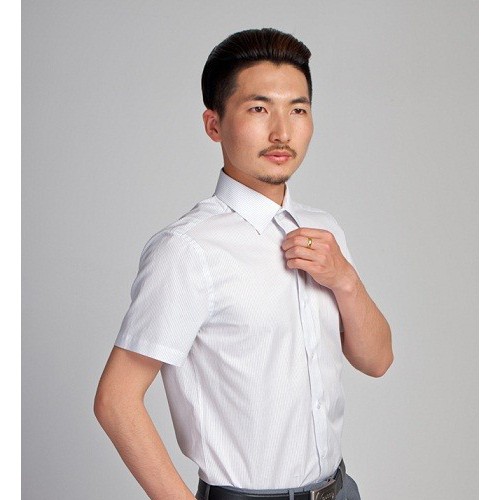 拉雅网-白色紫条纹纯棉短袖尖领衬衫定做-男半袖定制男式衬衫图2