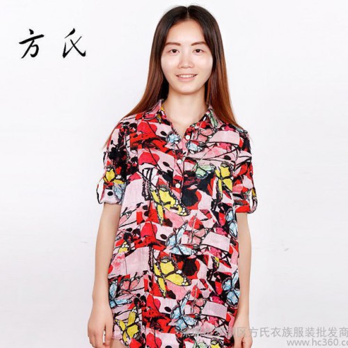 2016夏季韩版衬衫女 中长款短袖桑蚕丝 高端翻领印花上衣现货 方氏衣族图2