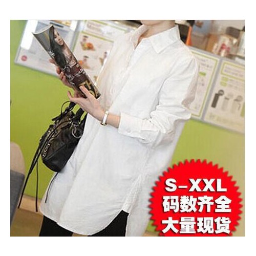 坚熙 春秋季女装衬衫男友风白衬衫女韩版中长款宽松长袖棉衬衣女图1