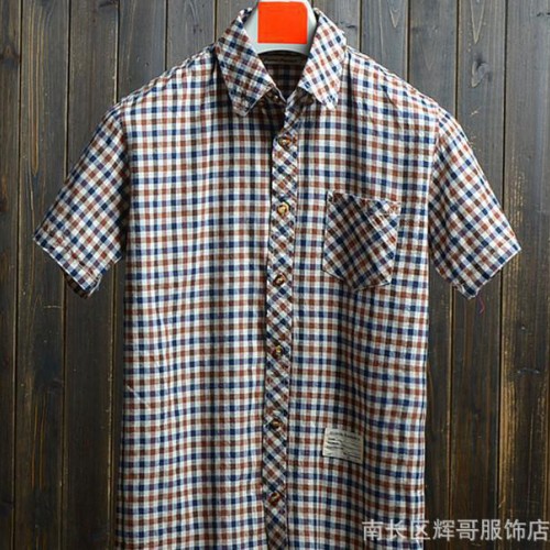 2015夏装新品 辉哥外贸 经典格子男士全棉休闲短袖衬衫 学图2