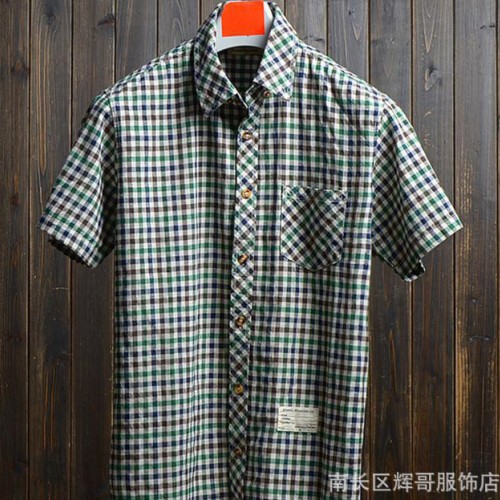 2015夏装新品 辉哥外贸 经典格子男士全棉休闲短袖衬衫 学图3