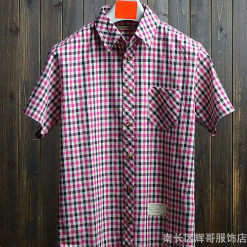 2015夏装新品 辉哥外贸 经典格子男士全棉休闲短袖衬衫 学图1