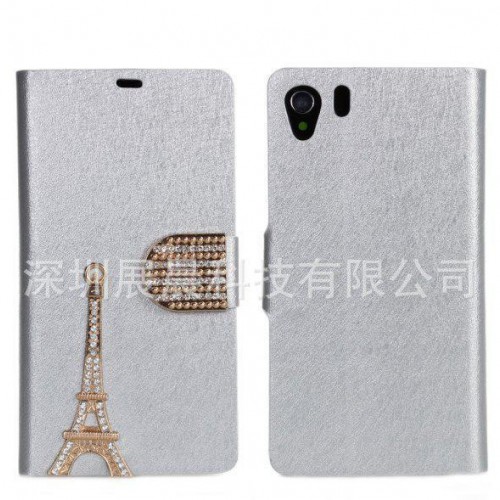 索尼Xperia Z1蚕丝纹铁塔贴钻钱包款手机皮套左右翻插卡保护外壳图3