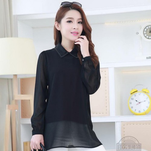 2015夏季日系新品薄款雪纺衫 女式长袖透视黑色衬衫 880
