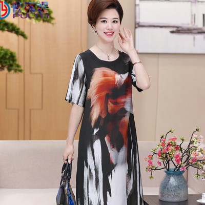 中老年女装夏装短袖妈妈装连衣裙中年大码中长款真丝桑蚕丝裙子女