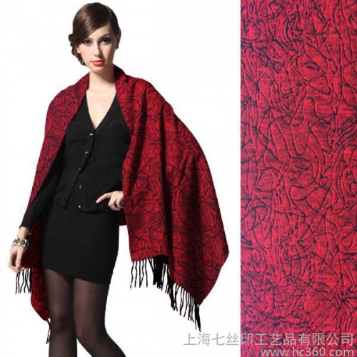 冬季 七丝印真丝 拉绒 品 款蚕丝长方形春秋女红色青年披肩围巾图1