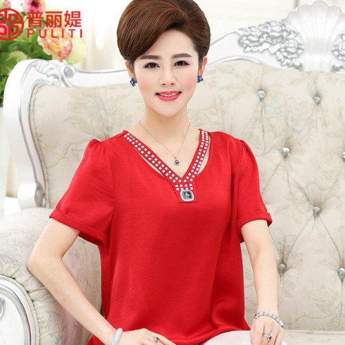 2017新款天蚕丝短袖T恤中年妈妈装中老年夏装V领大码纯色上衣女装图2