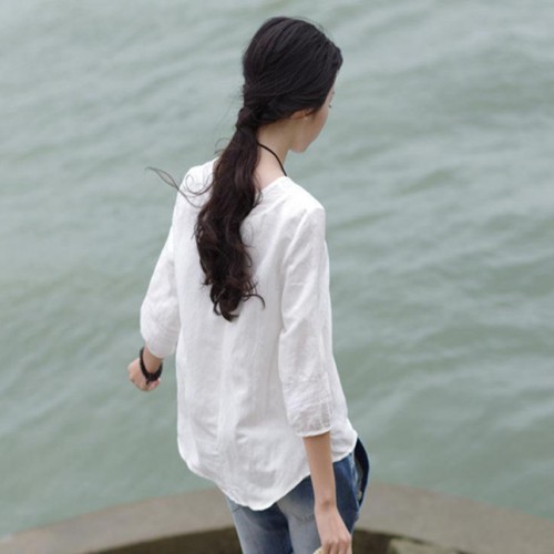 2015夏季新款文艺范短袖白色女式亚麻衬衫女衬衣外贸原单女装图2
