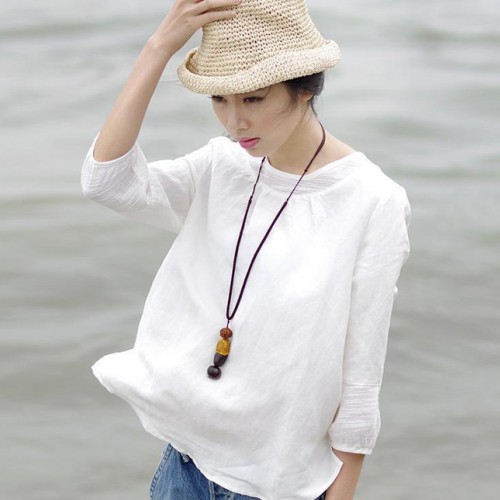 2015夏季新款文艺范短袖白色女式亚麻衬衫女衬衣外贸原单女装图3