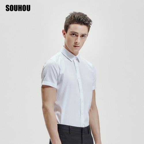 SOUHOU 搜猴 商务时尚蓝白两色纯棉短袖衬衫男图3
