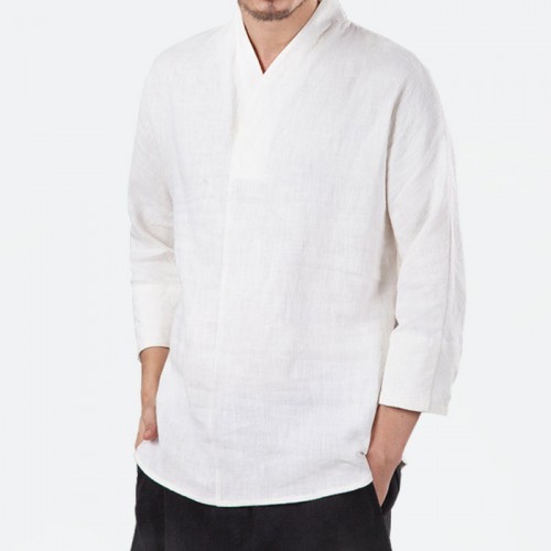 春夏新中国风亚麻衬衣立领修身唐装汉服中式衬衫男图2