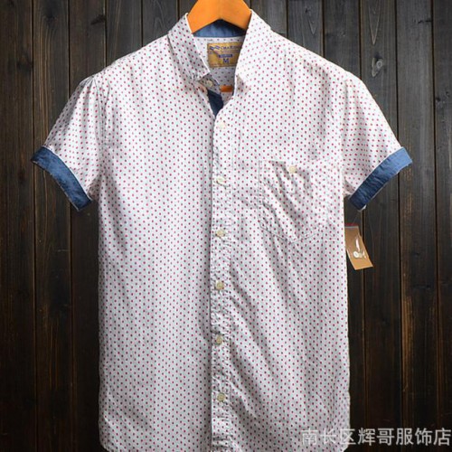 辉哥外贸 2015夏季新款 全棉男士休闲短袖衬衫 草莓印花衬图1