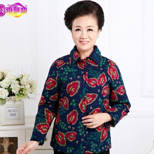 秋冬新款中老年纯棉长袖衬衫中年女装印花翻领加厚衬衣妈妈装上衣图3