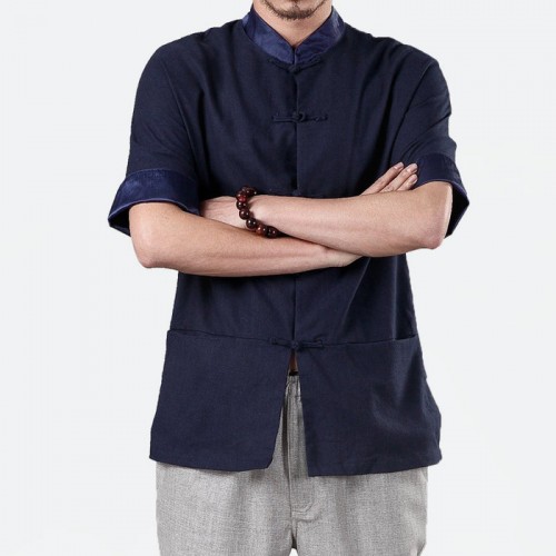 2016夏季新款唐装汉服中式服休闲立领亚麻衬衫中国风短袖唐装图4