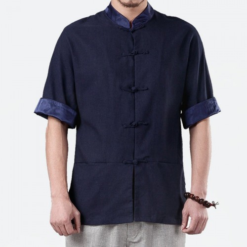 2016夏季新款唐装汉服中式服休闲立领亚麻衬衫中国风短袖唐装图3