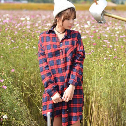 2016新品休闲衬衣领大码开衫格子衫长袖女式衬衫图1