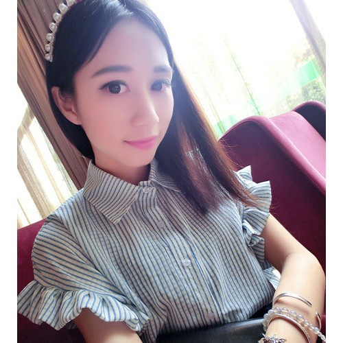 坚熙 夏装新款女士衬衣韩版宽松短袖小清新娃娃领竖条纹雪纺衬衫图1