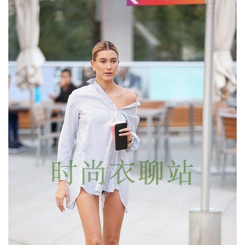 2017春夏钿璎新款百搭长袖衬衣女宽松显瘦蓝色条纹欧美范棉麻衬衫图3