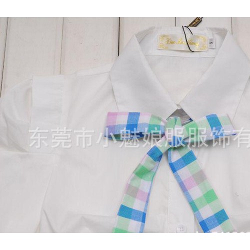 小魅娘品牌秋季韩版女式衬衫元宝领 格子蝴蝶结领结长袖衬衣图3