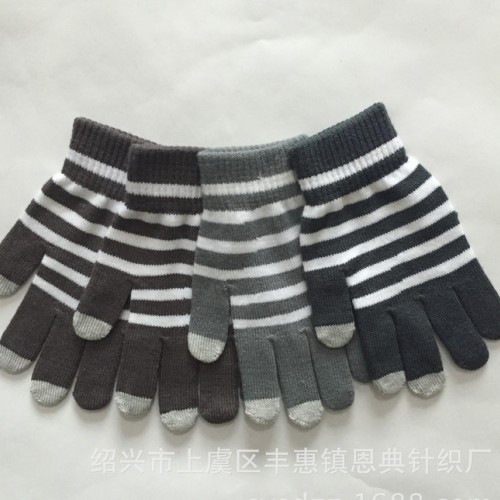 触摸屏手套 直销条纹针织手套腈纶条纹三指触屏手套图2