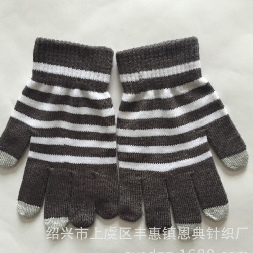 触摸屏手套 直销条纹针织手套腈纶条纹三指触屏手套