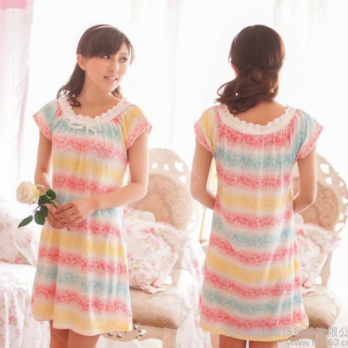 睡衣批发 蝴蝶结条纹休闲女士睡衣家居服睡裙 L6022图1