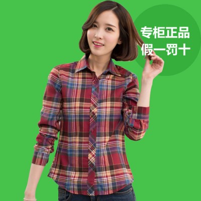 包邮 女士格纹衬衫2015韩版磨毛格子长袖衬衣 多色