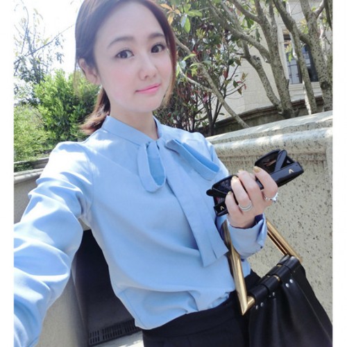 坚熙 2015女装新款 蝴蝶结职业装 长袖衬衫女秋冬打底飘带图2