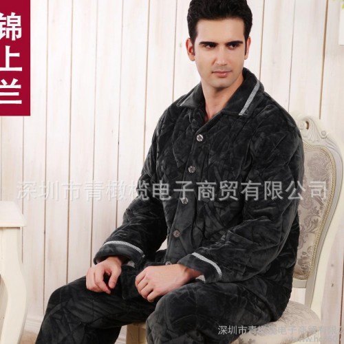 中老年人珊瑚绒三层夹棉睡衣男士长袖冬季加厚家居服棉袄图1