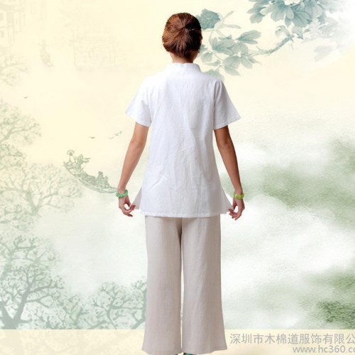木棉道唐装衬衫中式女装 夏手绘荷花棉麻开襟短袖开衫上衣18233图2