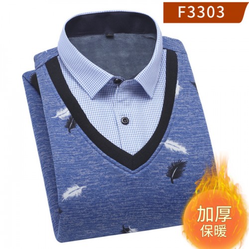 **货源男士套头加绒V领假两件衬衣男士鸡心领保暖衬衫保暖上衣批发图5