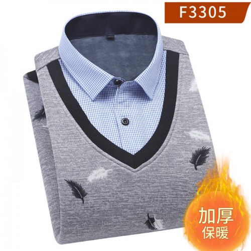 **货源男士套头加绒V领假两件衬衣男士鸡心领保暖衬衫保暖上衣批发图2