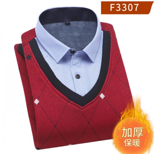 **货源男士套头加绒V领假两件衬衣男士鸡心领保暖衬衫保暖上衣批发图4