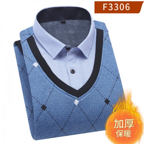 **货源男士套头加绒V领假两件衬衣男士鸡心领保暖衬衫保暖上衣批发图6