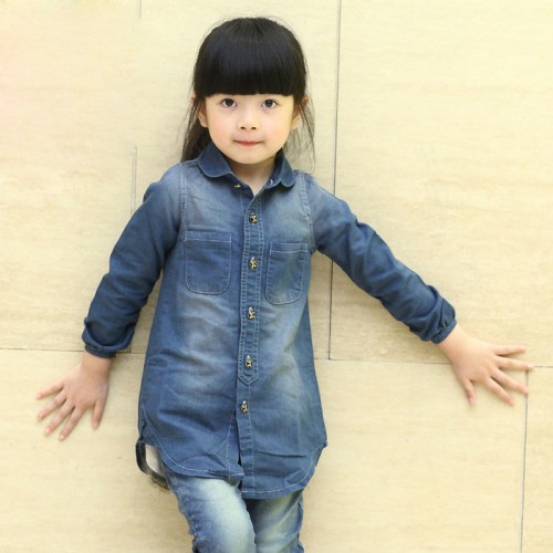 2015春秋款新品 女童牛仔衬衫 中长款儿童衬衣大童 女童春图2