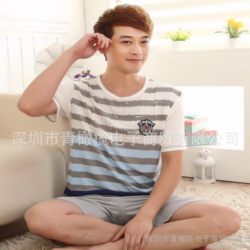 2015夏季新款男士纯棉睡衣短袖短裤休闲家居服套装1件起批图2