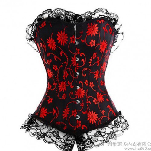 维珂多外贸情趣内衣红黑碎花束身衣舞会女王服情趣睡衣图1