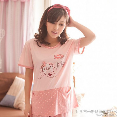 睡衣批发 夏款卡通飞天小猪短袖休闲女士睡衣家居服套装 4050图3
