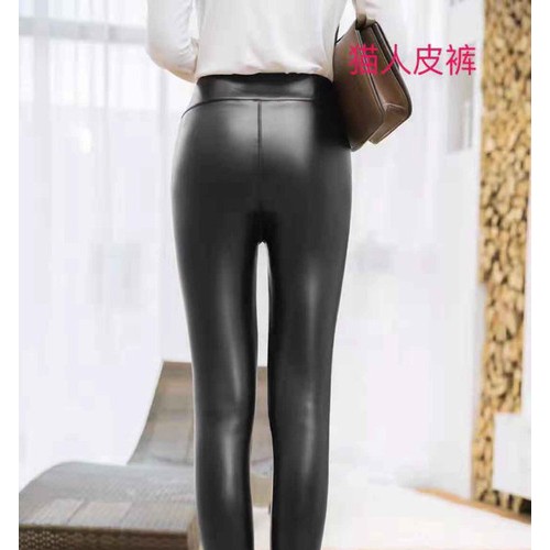 爆款女士韩版猫人高腰打底裤加大加肥MM皮裤女批发**图5