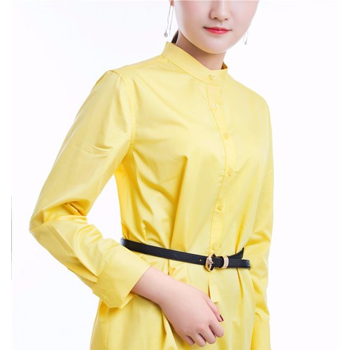 钿璎 女士中长款衬衣黄色休闲时尚衬衫 立领小衬衣裙图3