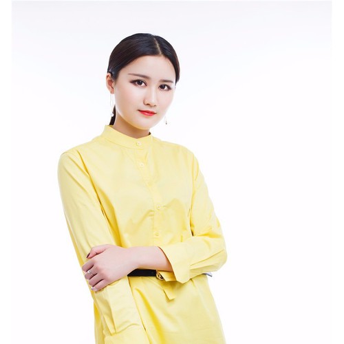 钿璎 女士中长款衬衣黄色休闲时尚衬衫 立领小衬衣裙图2