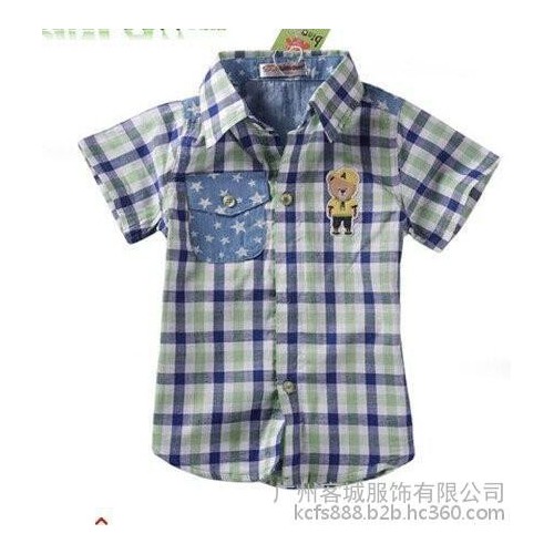 夏季儿童纯棉短袖时尚衬衫男童库存外贸童装纯格子衬衫批发图2